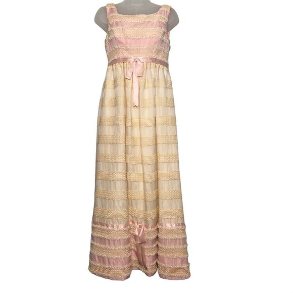 Vintage 70s Pink Cream Long Formal Evening Gown Hand Made Prom Party MCM Regency - Picture 1 of 8